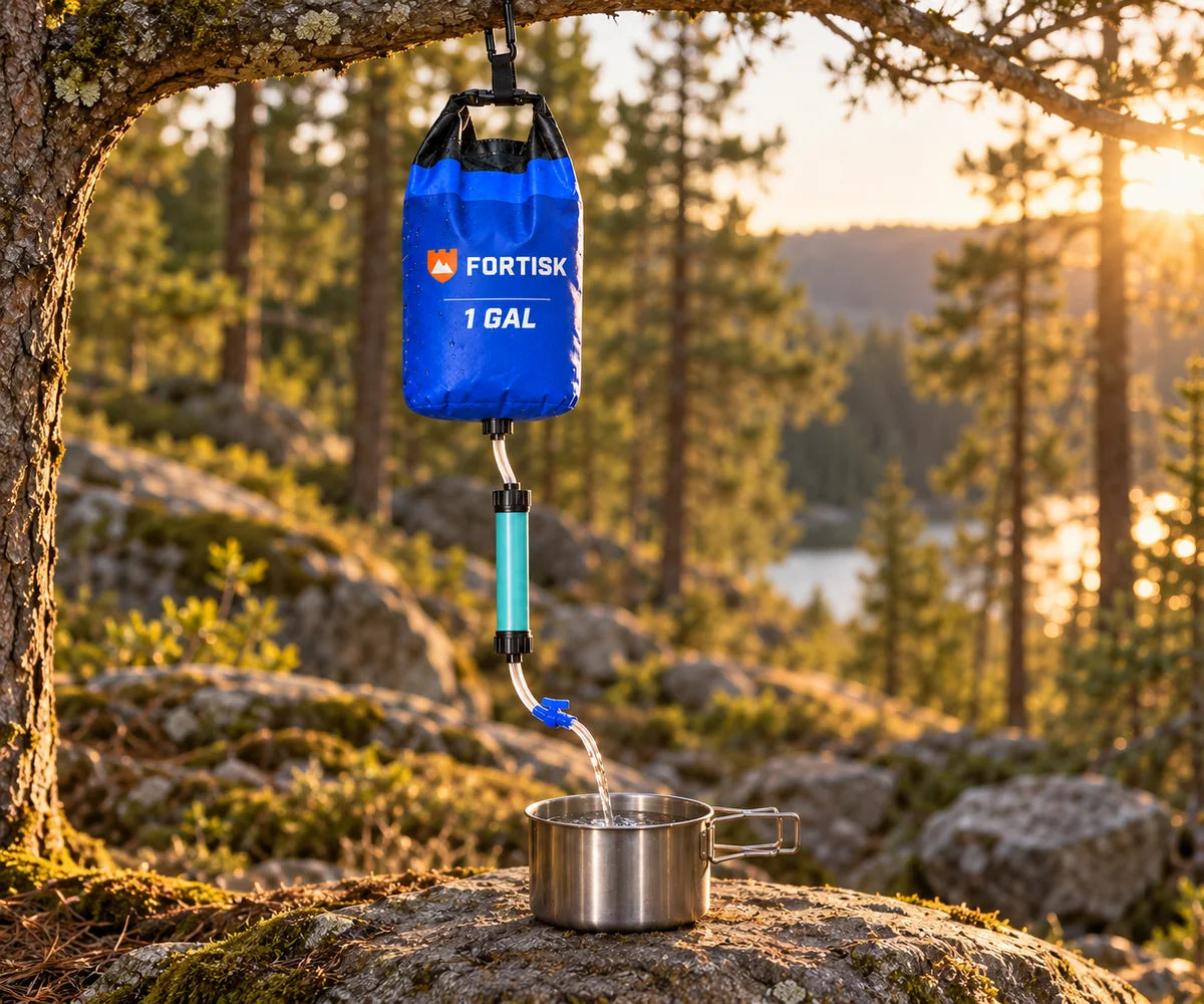 Fortisk gravity water kit hanging from a tree and filling a camping pot at golden hour
