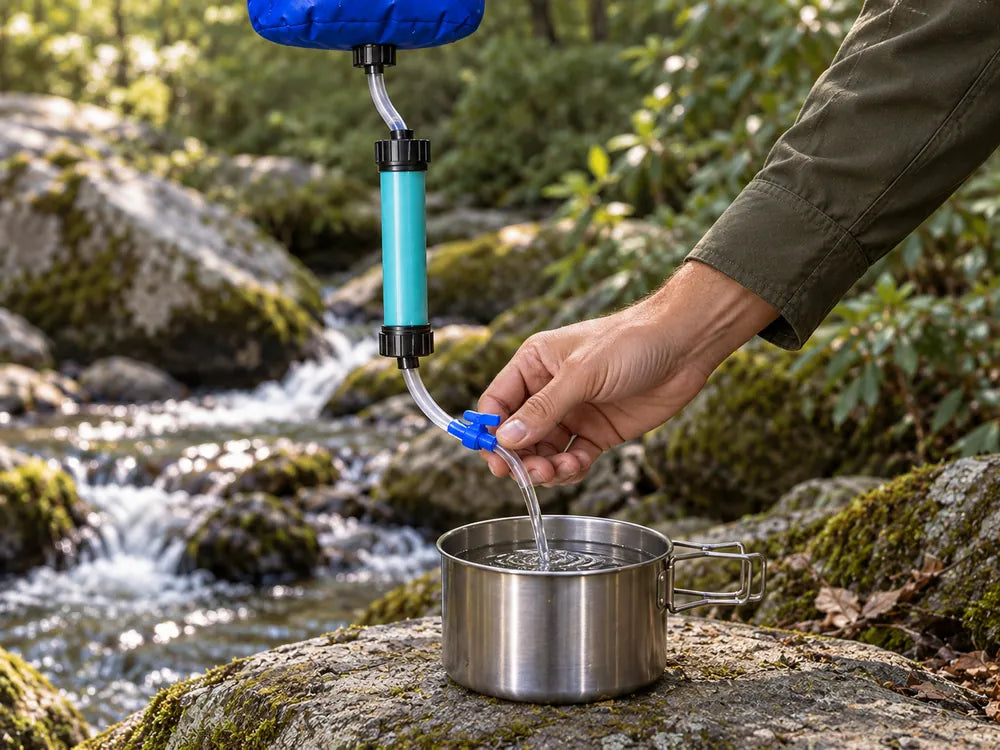 Water flowing from the filter outlet into a stainless-steel camping pot