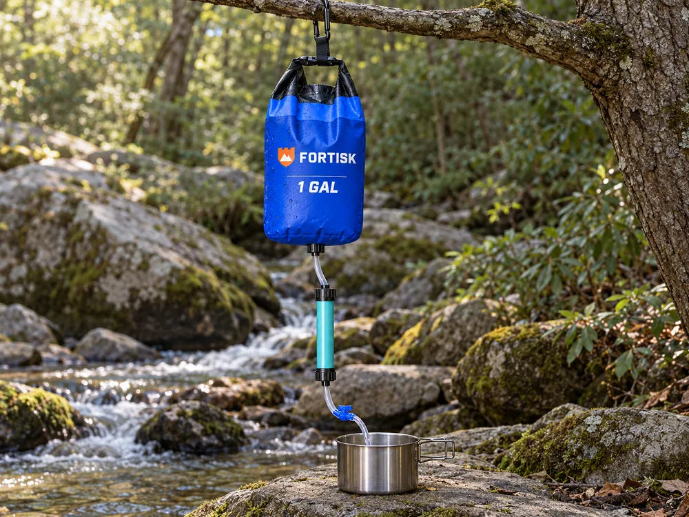 Fortisk bag suspended from a branch with the filter and collection pot below