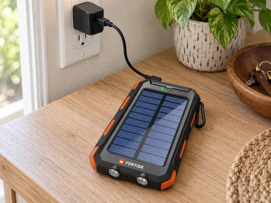 Fortisk power bank charging from a USB wall adapter at home