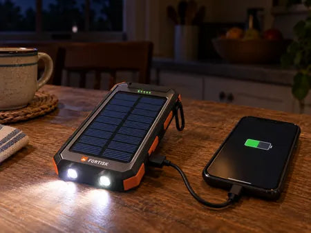 The power bank charging a phone on a table at night