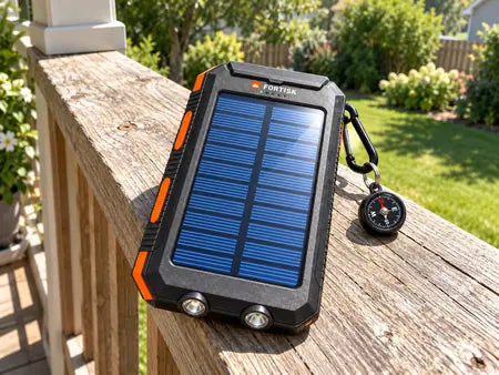 The power bank charging in the sun on a porch railing