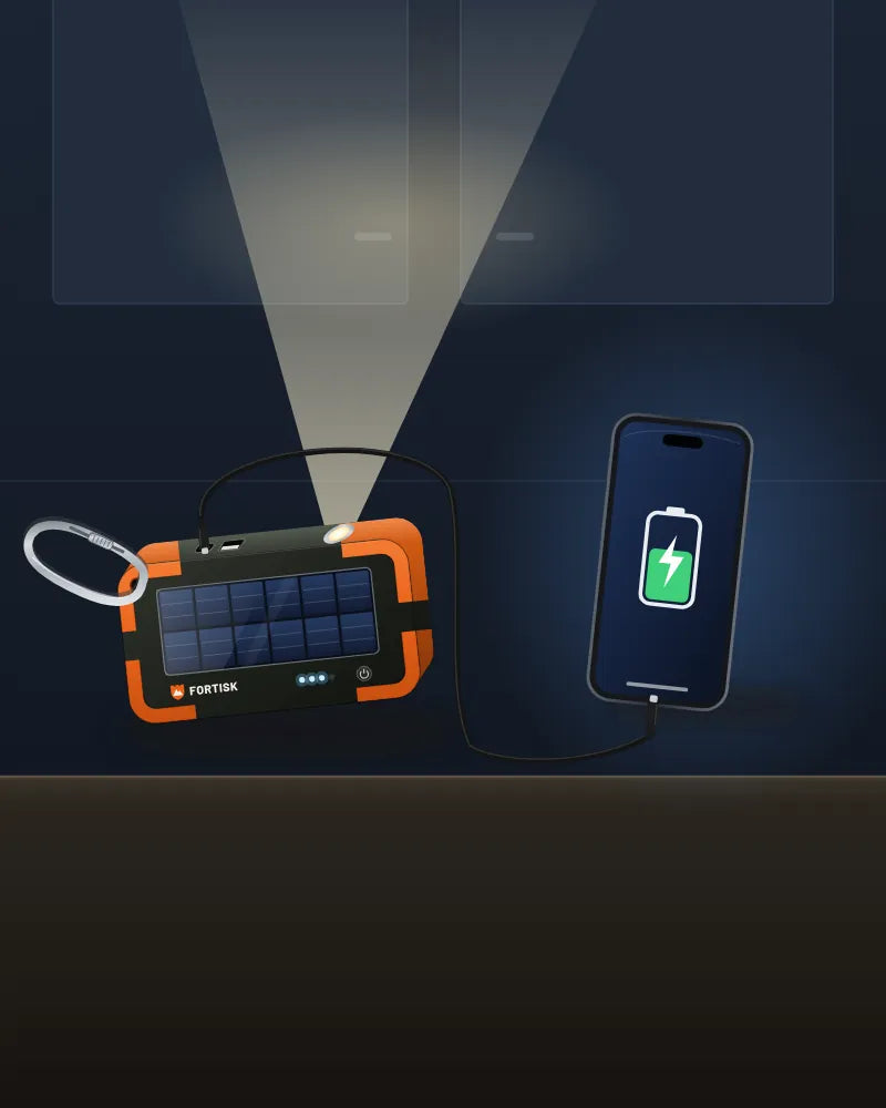 AI-generated illustration of the Fortisk power bank charging a phone in a dark kitchen