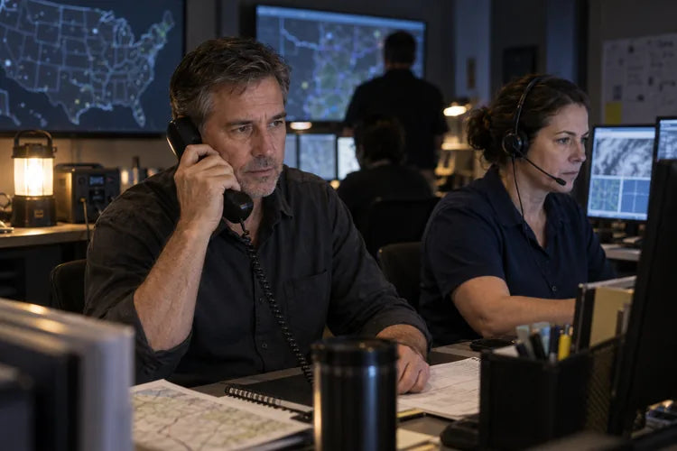 Illustration of civilian coordinators using phones in an emergency operations center