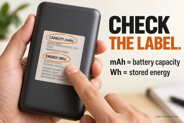 Generic label-check illustration identifying battery capacity in mAh and stored energy in Wh