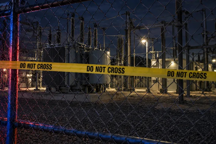 Illustration of security tape across a chain-link fence at night