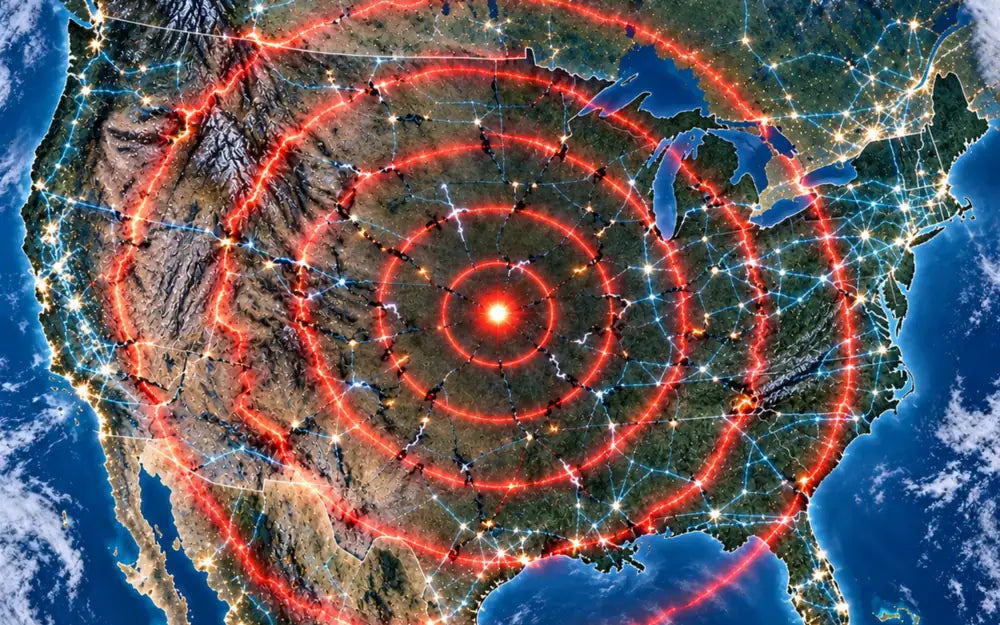 Illustration of North America at night, with red rings spreading out from the middle of the U.S. across the power grid