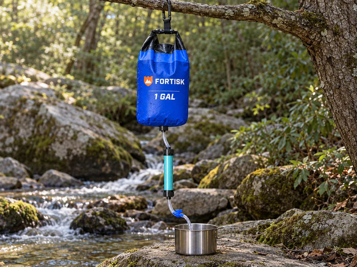 The Fortisk gravity bag hanging from a branch above a pot