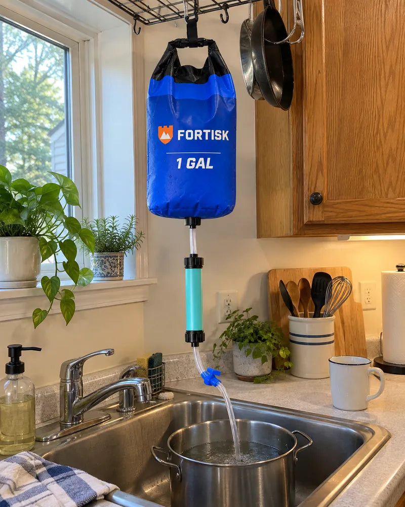 The Fortisk Gravity Water Kit hanging in a kitchen, filtering water into a pot