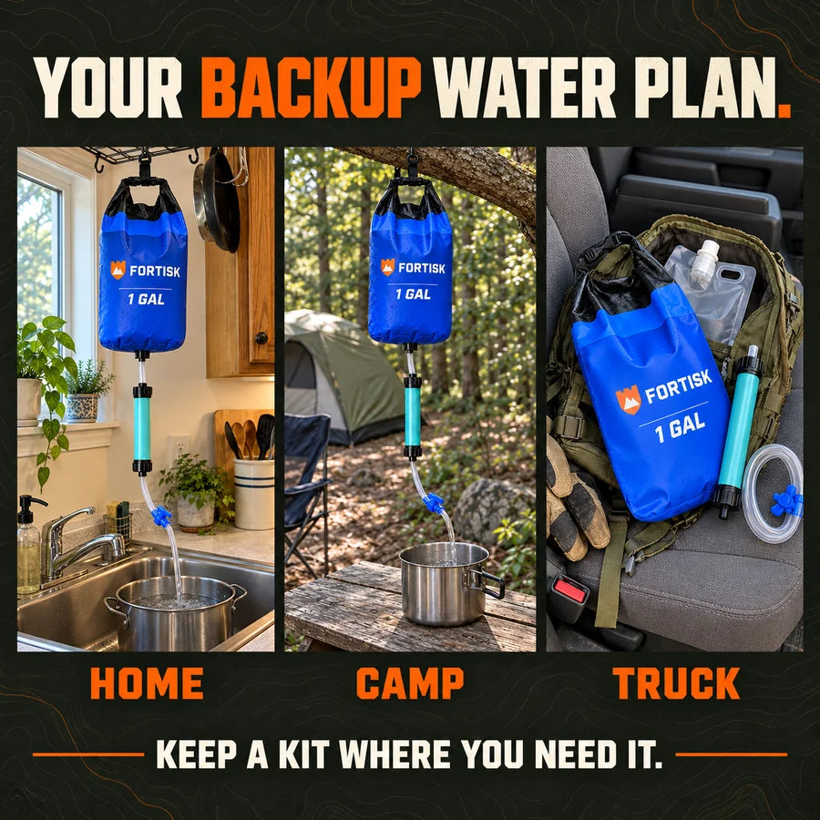 Your backup water plan: keep a Fortisk kit at home, at camp, or packed in your truck.