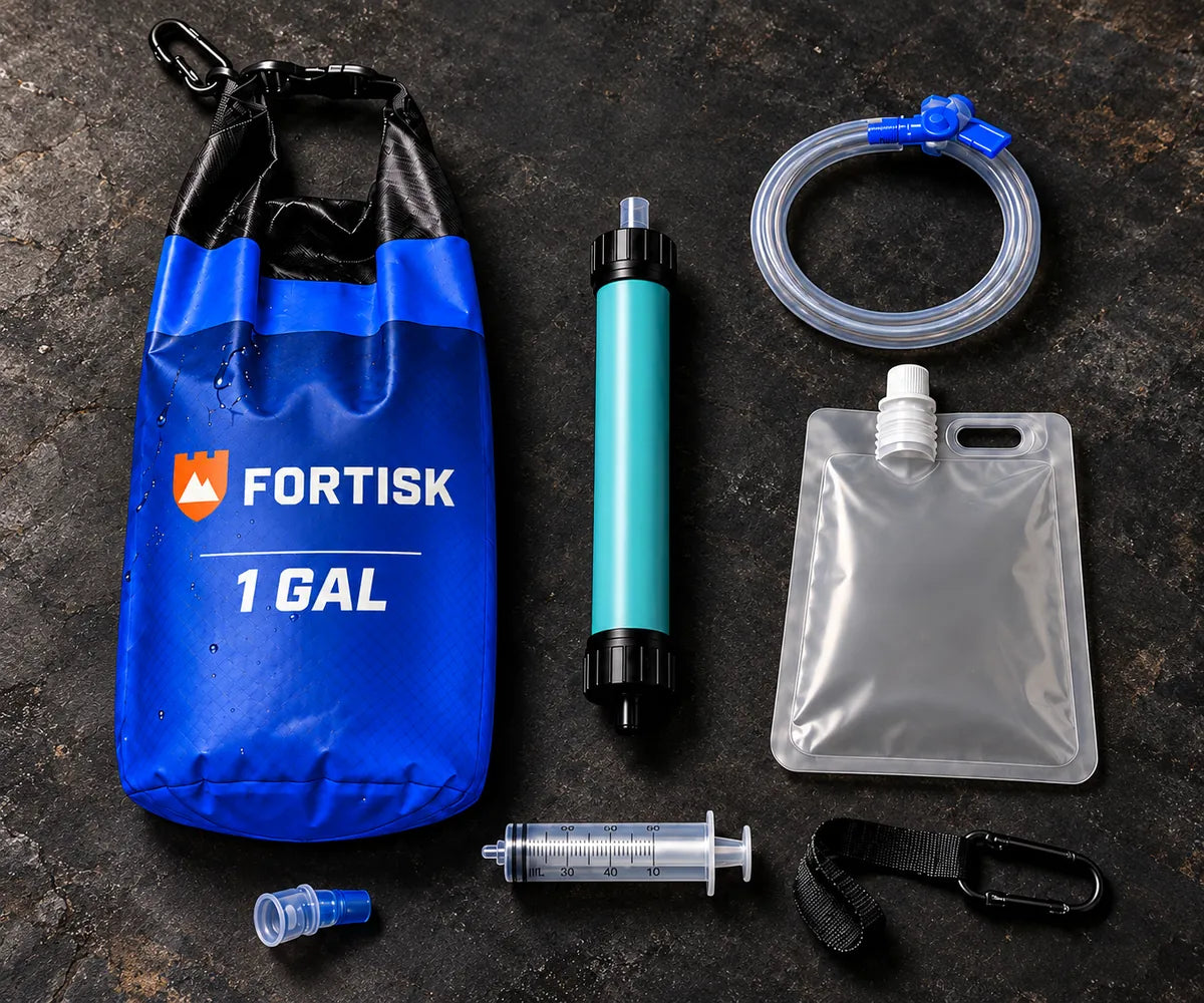 Fortisk gravity water kit with blue bag, turquoise filter, hose, clean-water pouch, mouthpiece, syringe, and hanging strap on a dark stone surface