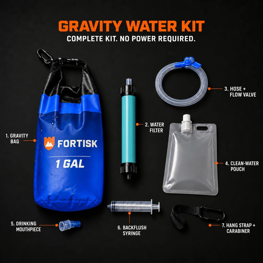 Fortisk Gravity Water Kit: gravity bag, water filter, hose with valve, clean-water pouch, mouthpiece, backflush syringe, and hanging strap with carabiner