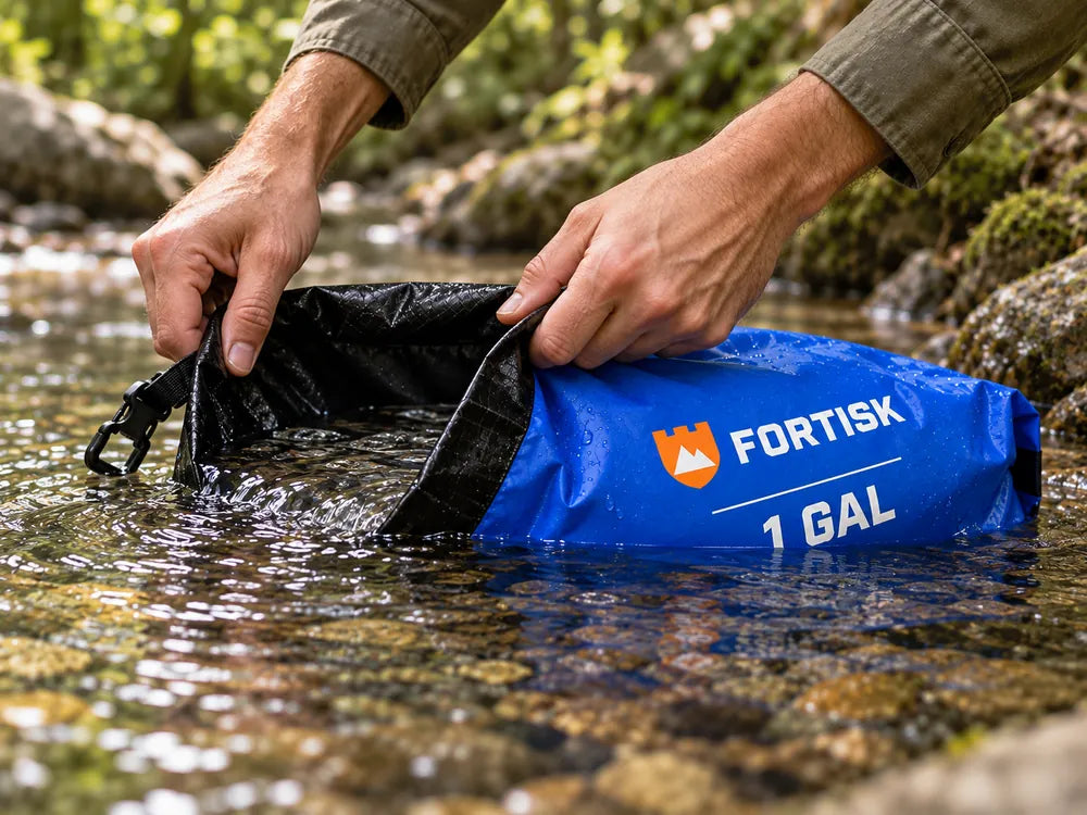 Hands filling the open Fortisk water bag at a creek