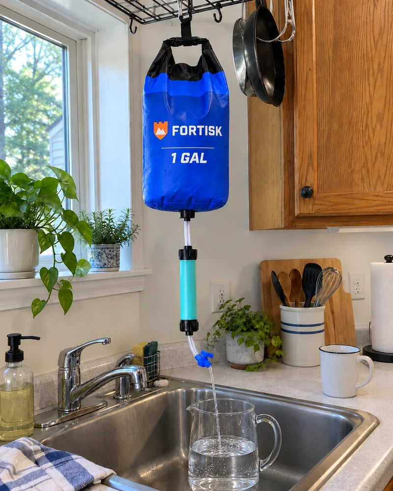AI-generated illustration of the Fortisk kit filling a glass pitcher at home