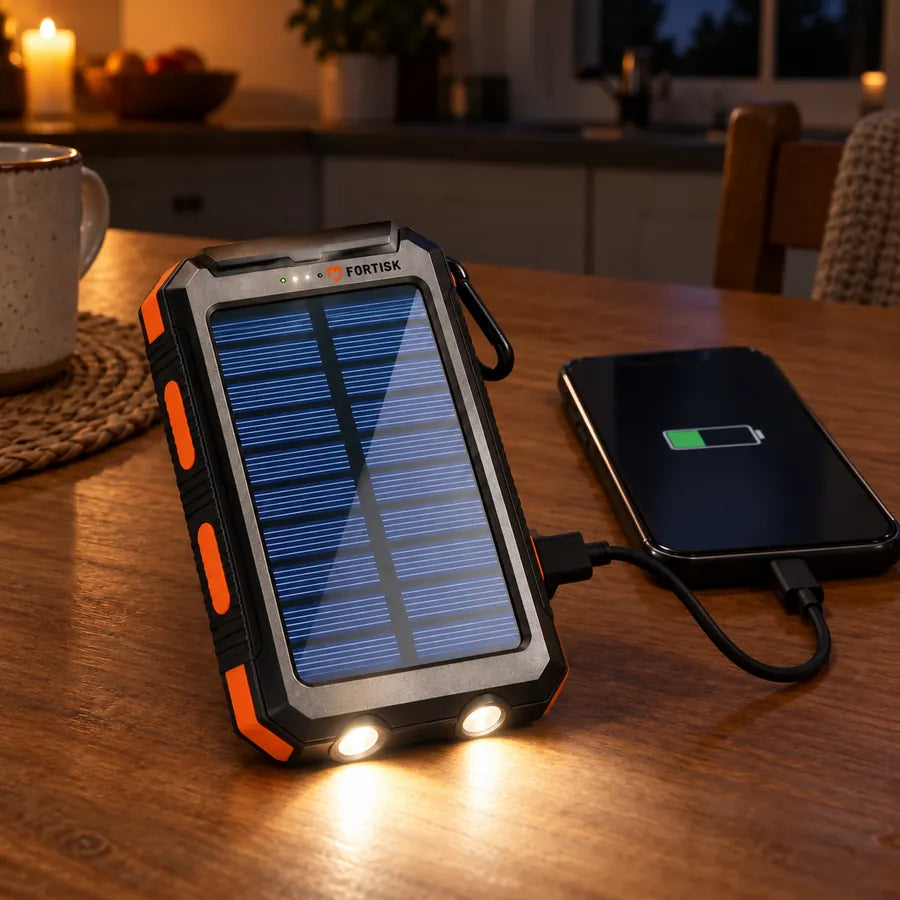 The Fortisk Emergency Solar Power Bank charging a phone on a kitchen table at night, its flashlights on