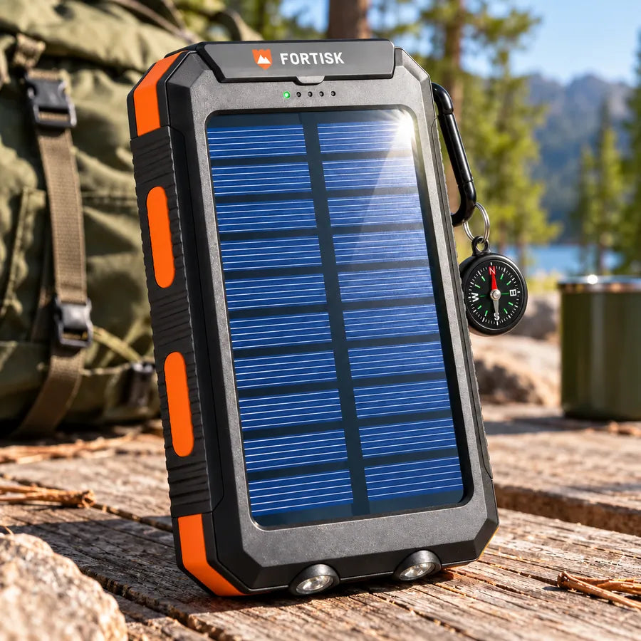 Fortisk power bank with its solar panel in sunlight, compass attached to the carabiner and twin bottom flashlight lenses visible