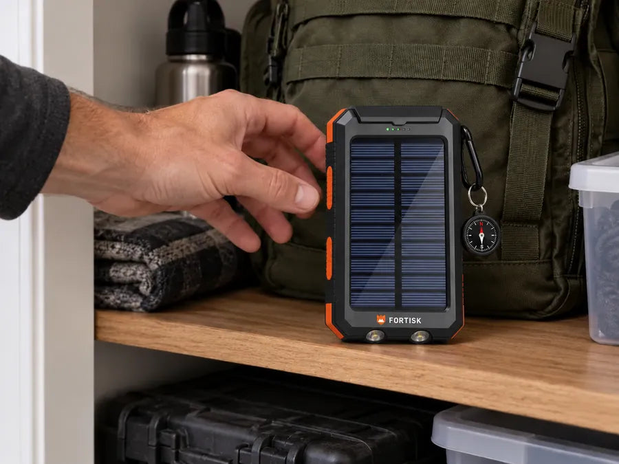Fortisk power bank stored beside a go-bag with a compass hanging from the carabiner