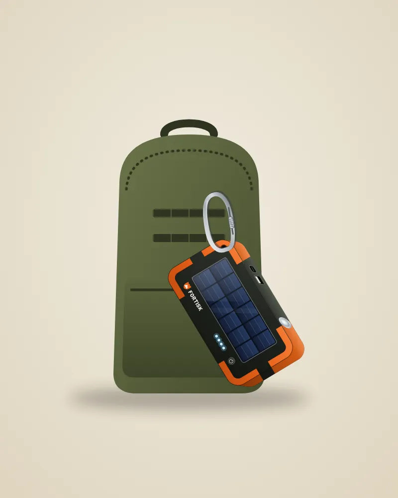 AI-generated illustration of the Fortisk power bank clipped to a backpack