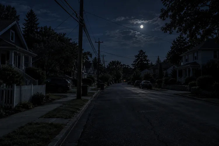 Illustration of a suburban neighborhood with the house lights and streetlights out