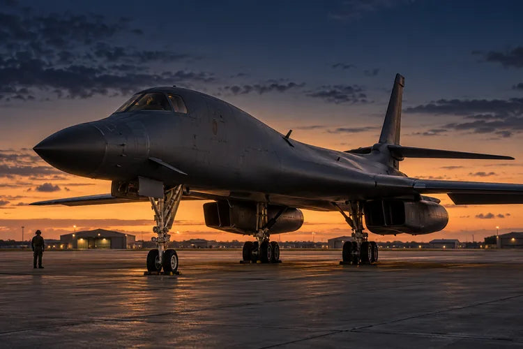 Illustration of a bomber resting on a runway at dusk