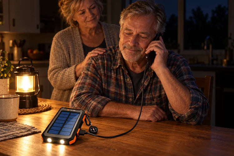 Illustration of a relieved parent answering a phone by lantern light with a power bank nearby