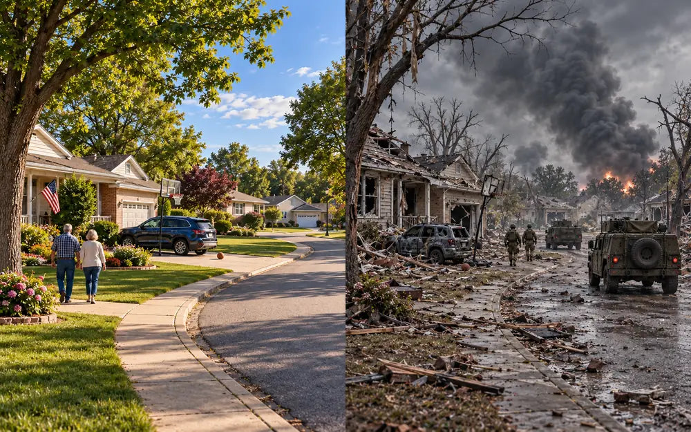 Illustration of one American street shown twice: on the left, an older couple walks past a flag on a sunny day; on the right, the same houses are damaged, smoke rises and military vehicles fill the road