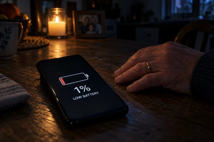 Illustration of a phone showing one percent battery on a dark kitchen table
