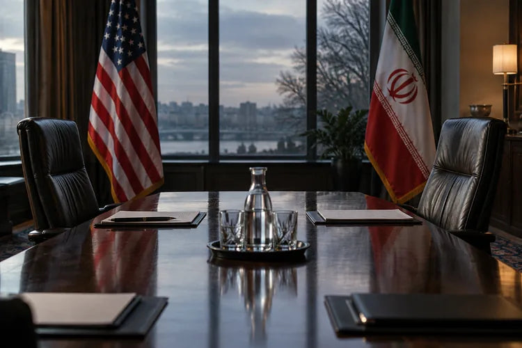Illustration of an empty negotiating table with American and Iranian flags
