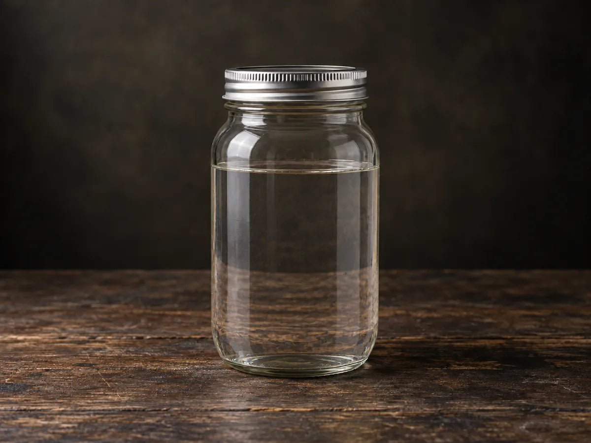 Illustrative clear water in a glass jar on a wooden table