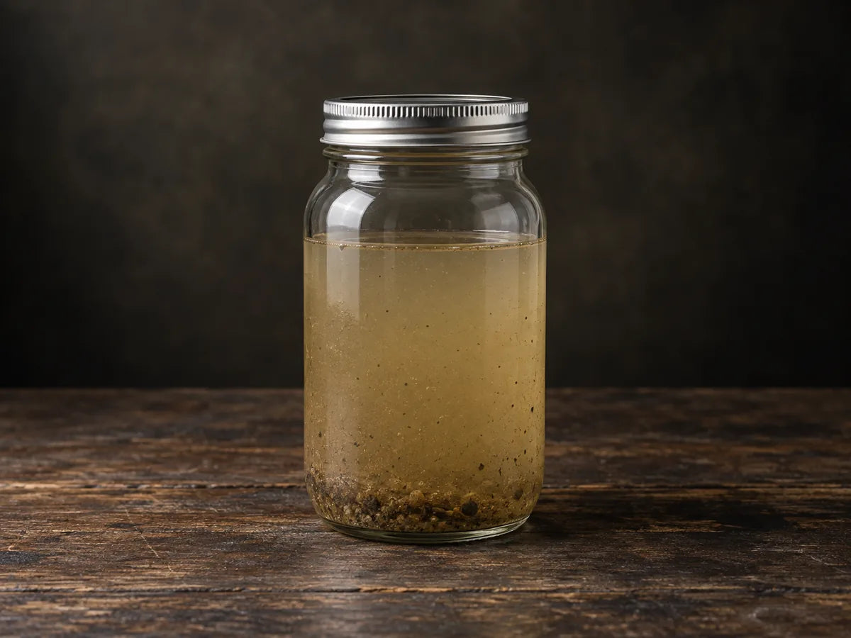 Illustrative murky water in the same glass jar on a wooden table