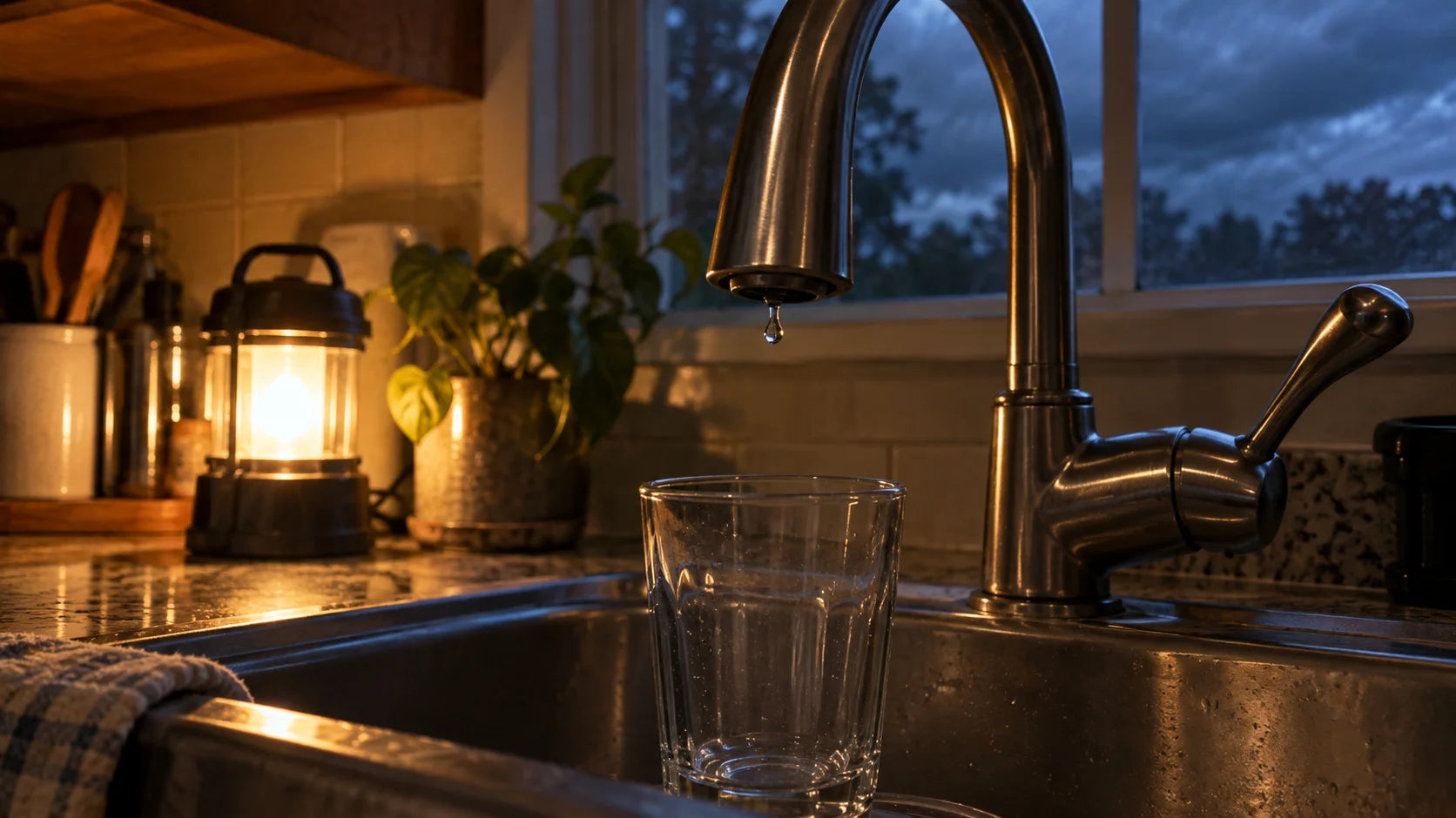 An empty glass under a dripping kitchen faucet, lit by a lantern during a power outage